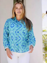 Load image into Gallery viewer, Franie Ikat Button Down Shirt Green (Aqua)
