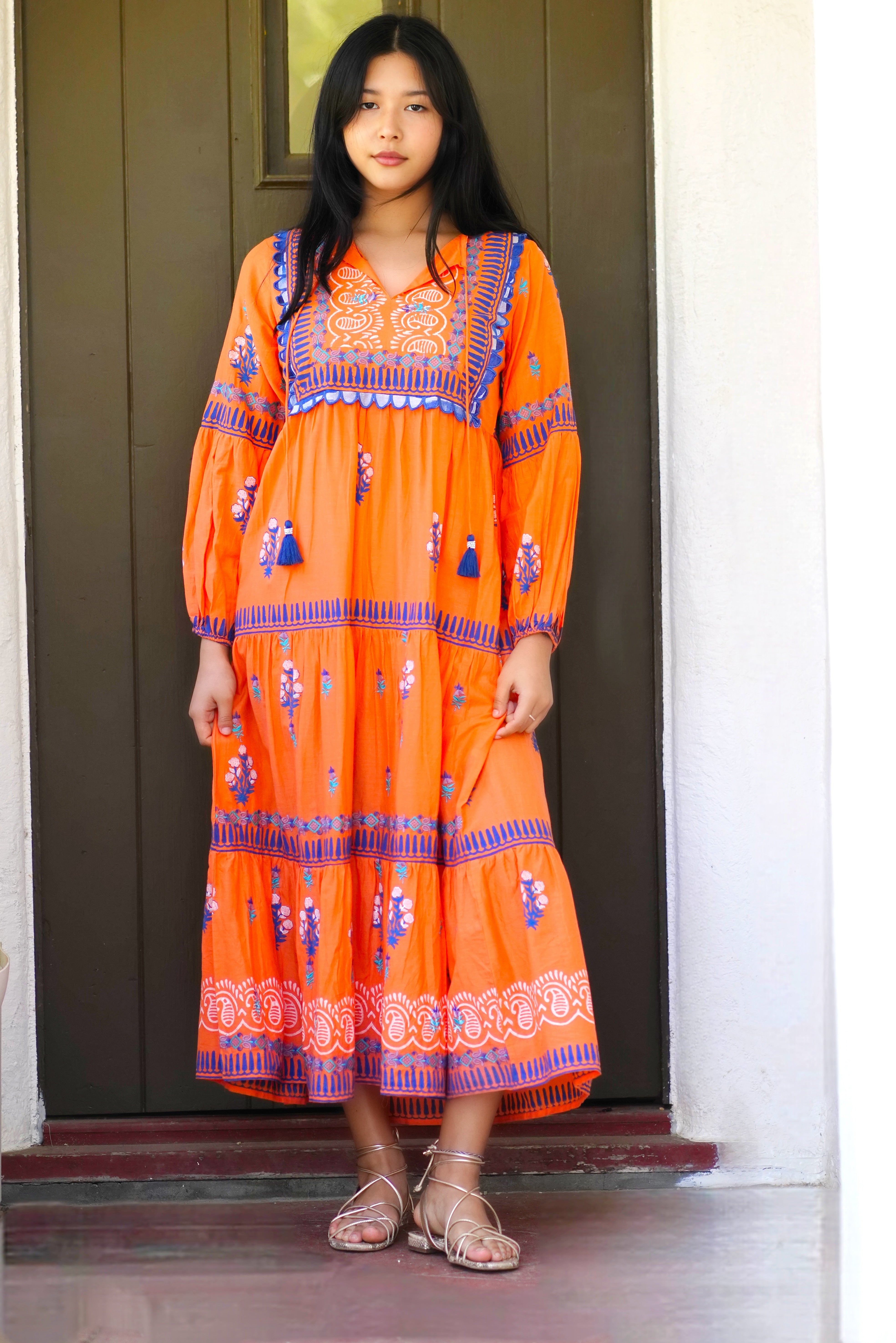 embroidery dress orange Vintage Bright Cayenne Pepper Orange Cotton Gauze Crochet Trim Hand Embroidered Mexican Ruffle off Shoulder Midi Dress Hippie Folk Style