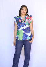 Load image into Gallery viewer, Crane Ruffle Sleeve Blouse-Navy