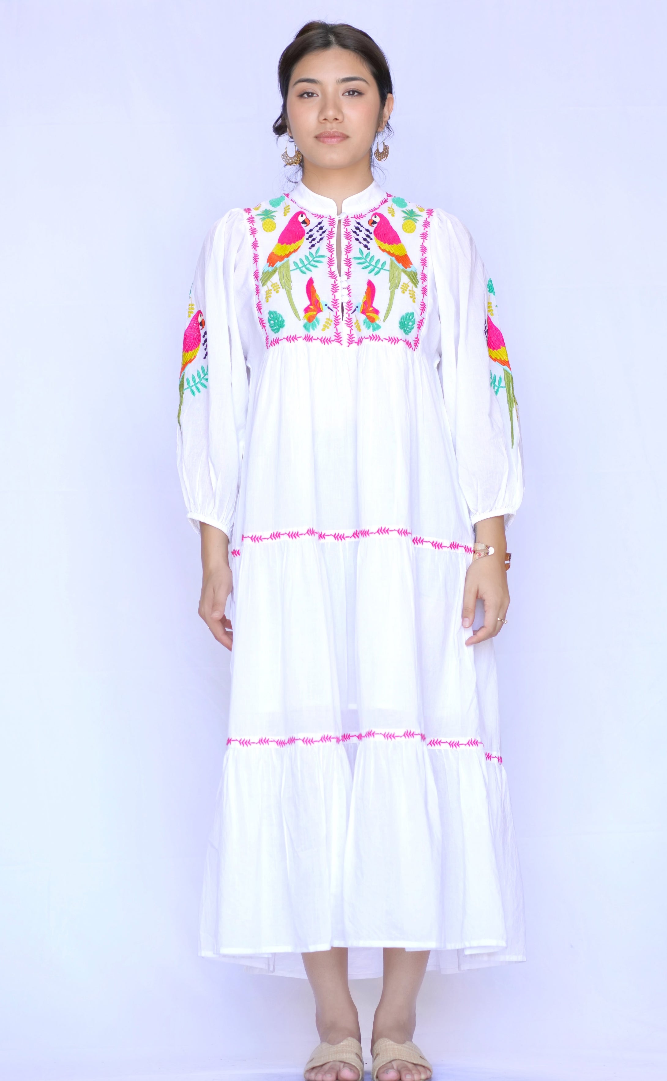 Parrot Embroidered Maxi Dress - White