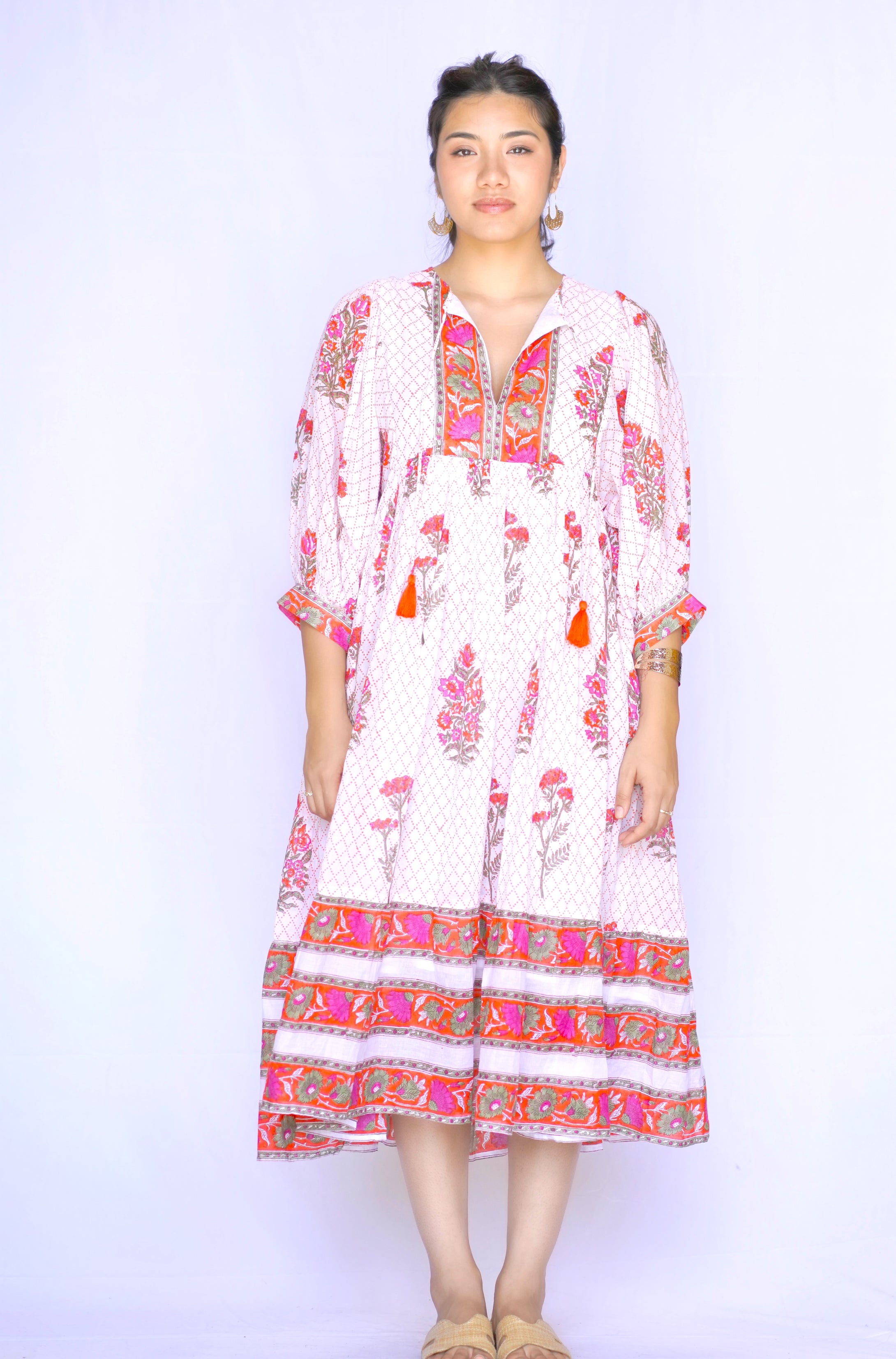 Mylah Midi Dress - White-Orange