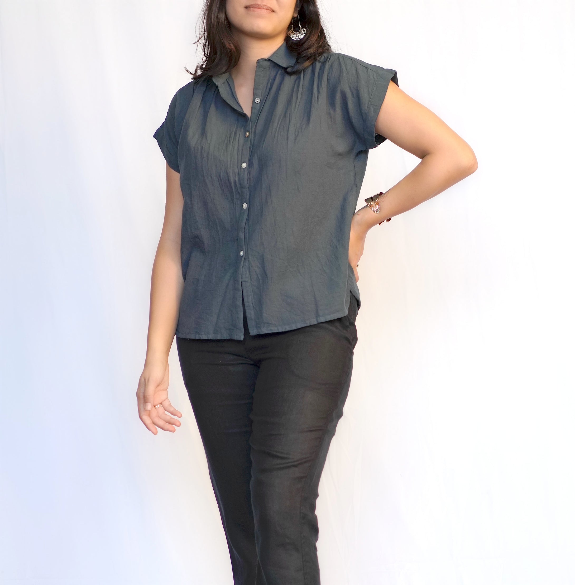 Erisha Short Sleeve Button Down Top-Charcoal