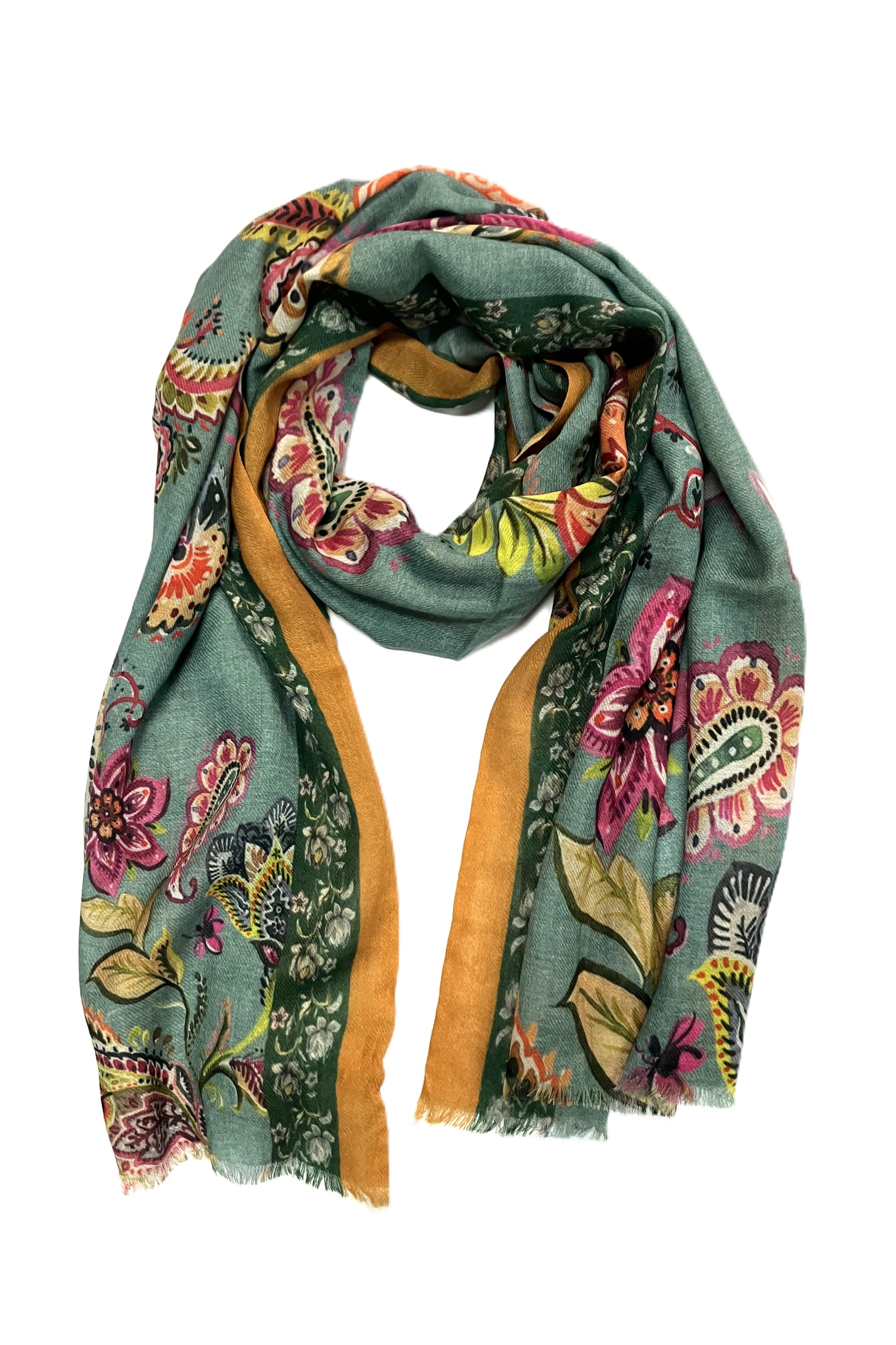 Wool/Silk Blend Printed Scarf-Gold Green