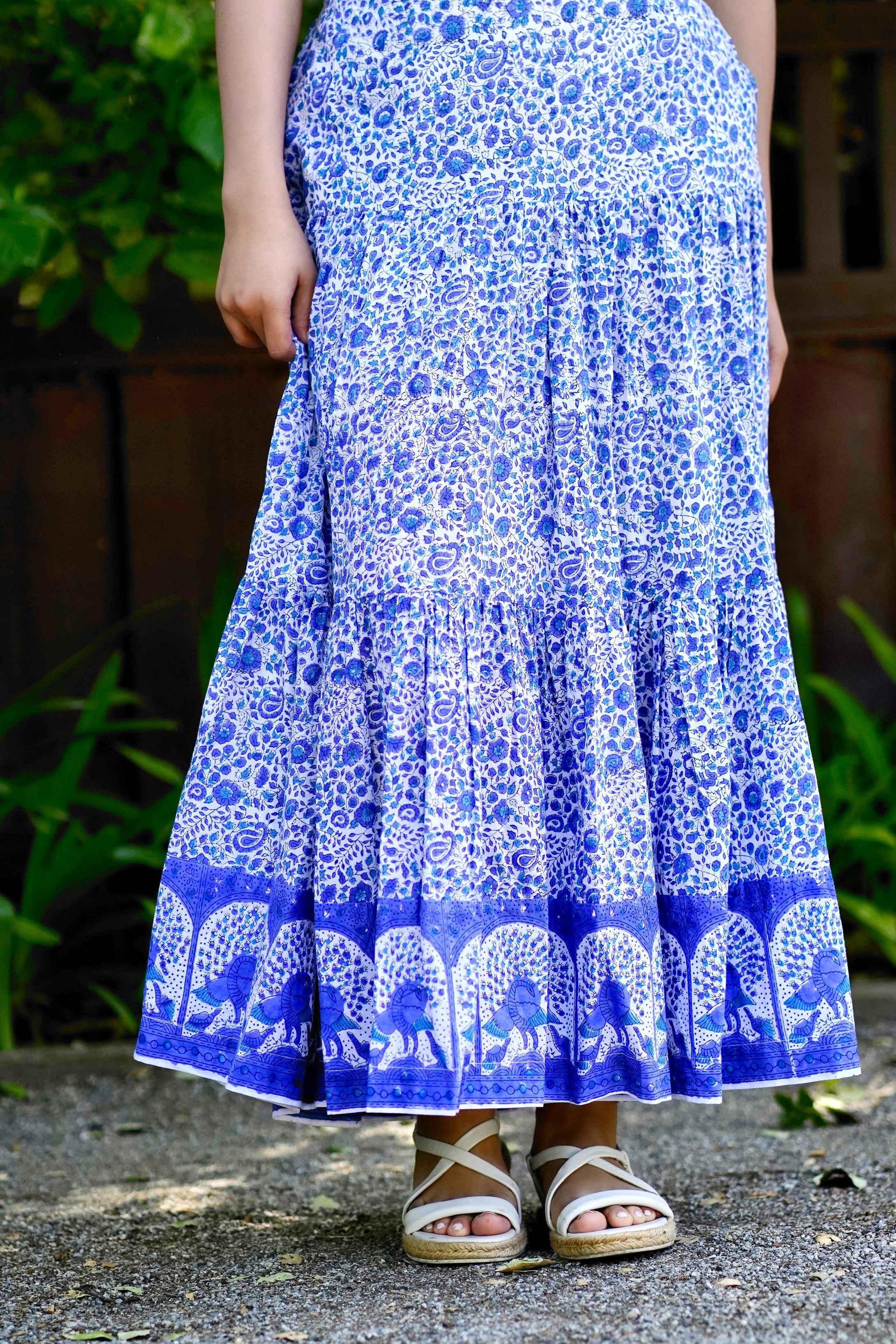 Block Printed Tiered Cotton Skirt-Blue White 