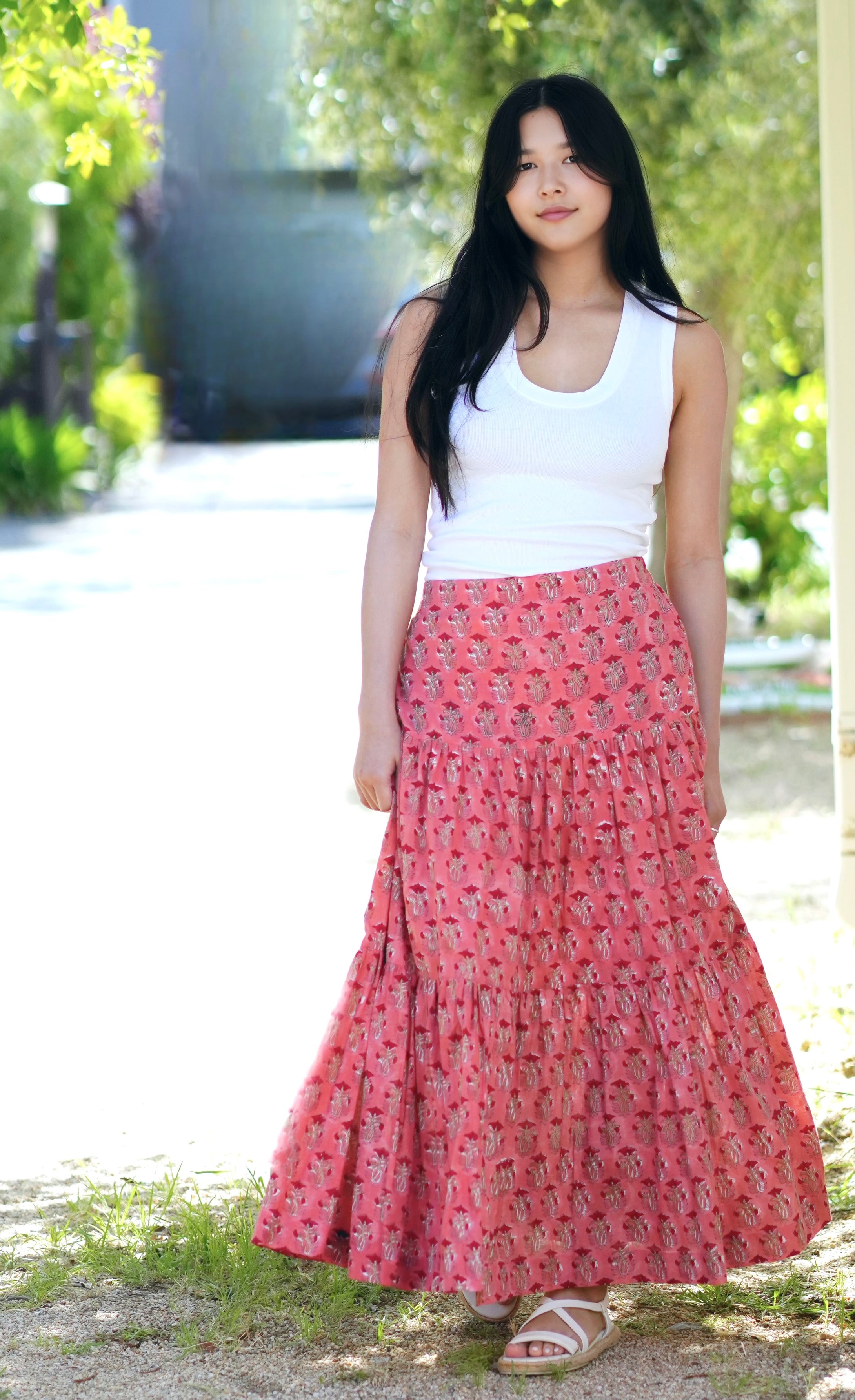 Block Printed Tiered Cotton Skirt-Coral 