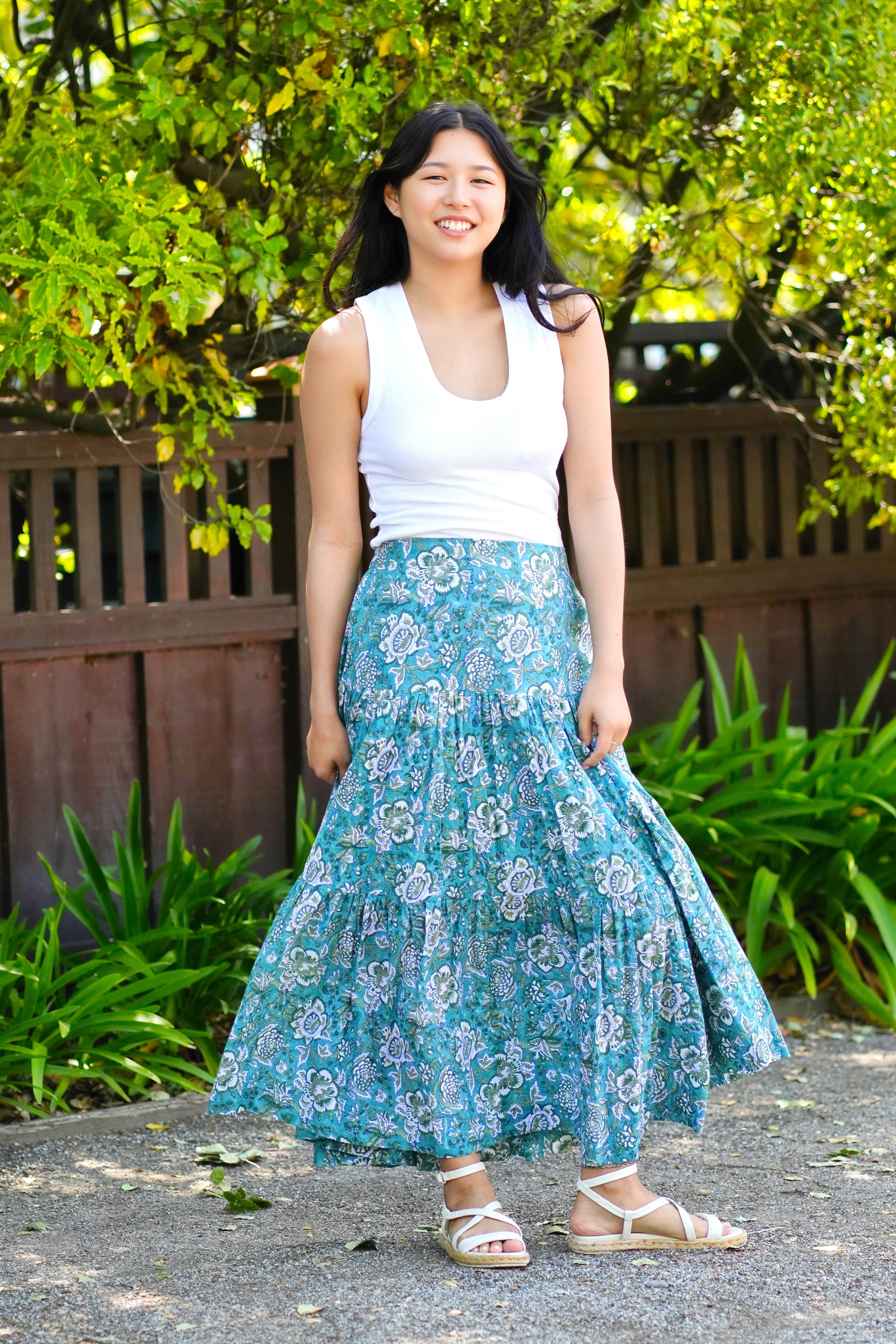 Block Printed Tiered Cotton Skirt-Green