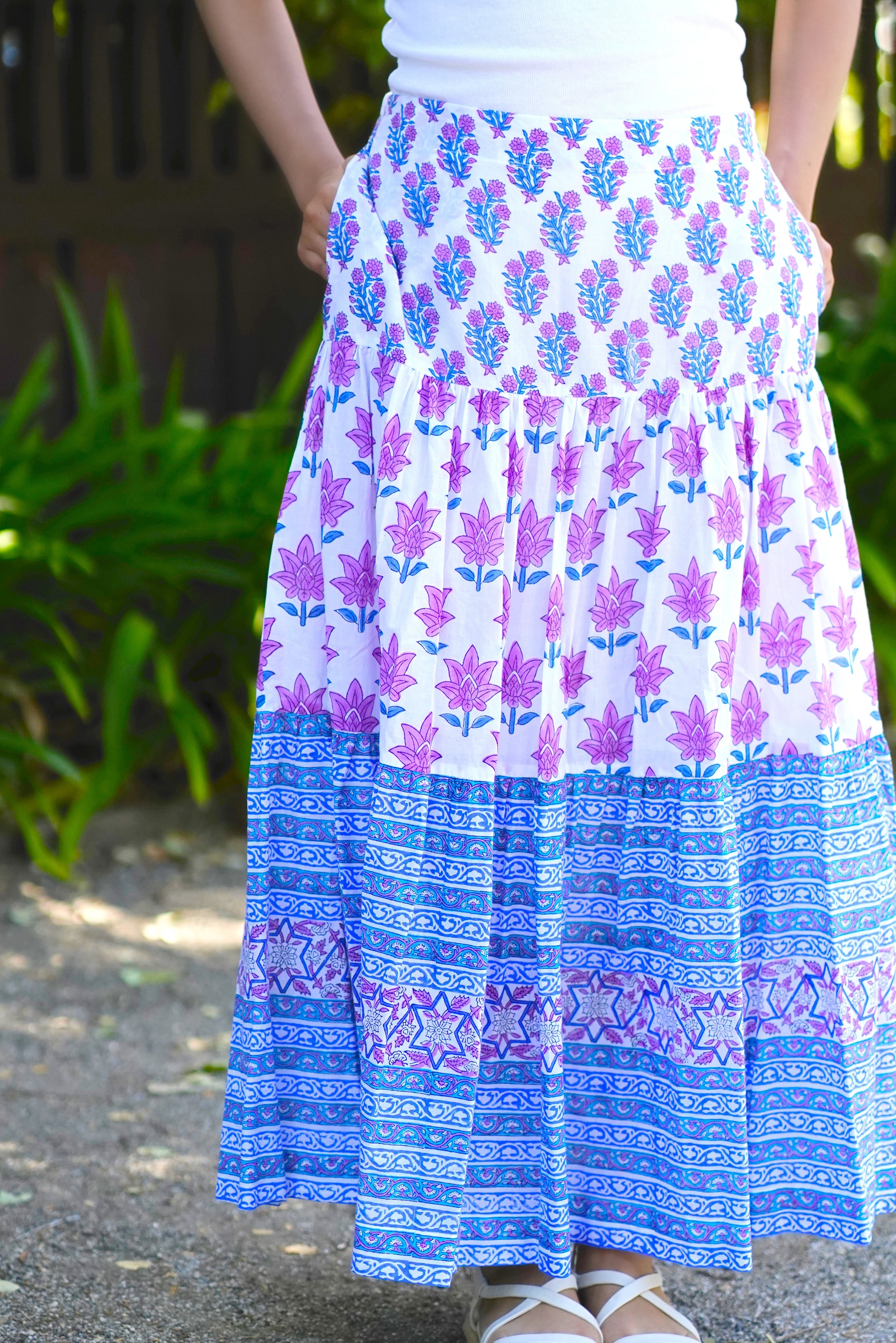 Block Printed Tiered Cotton Skirt- Navy Pink