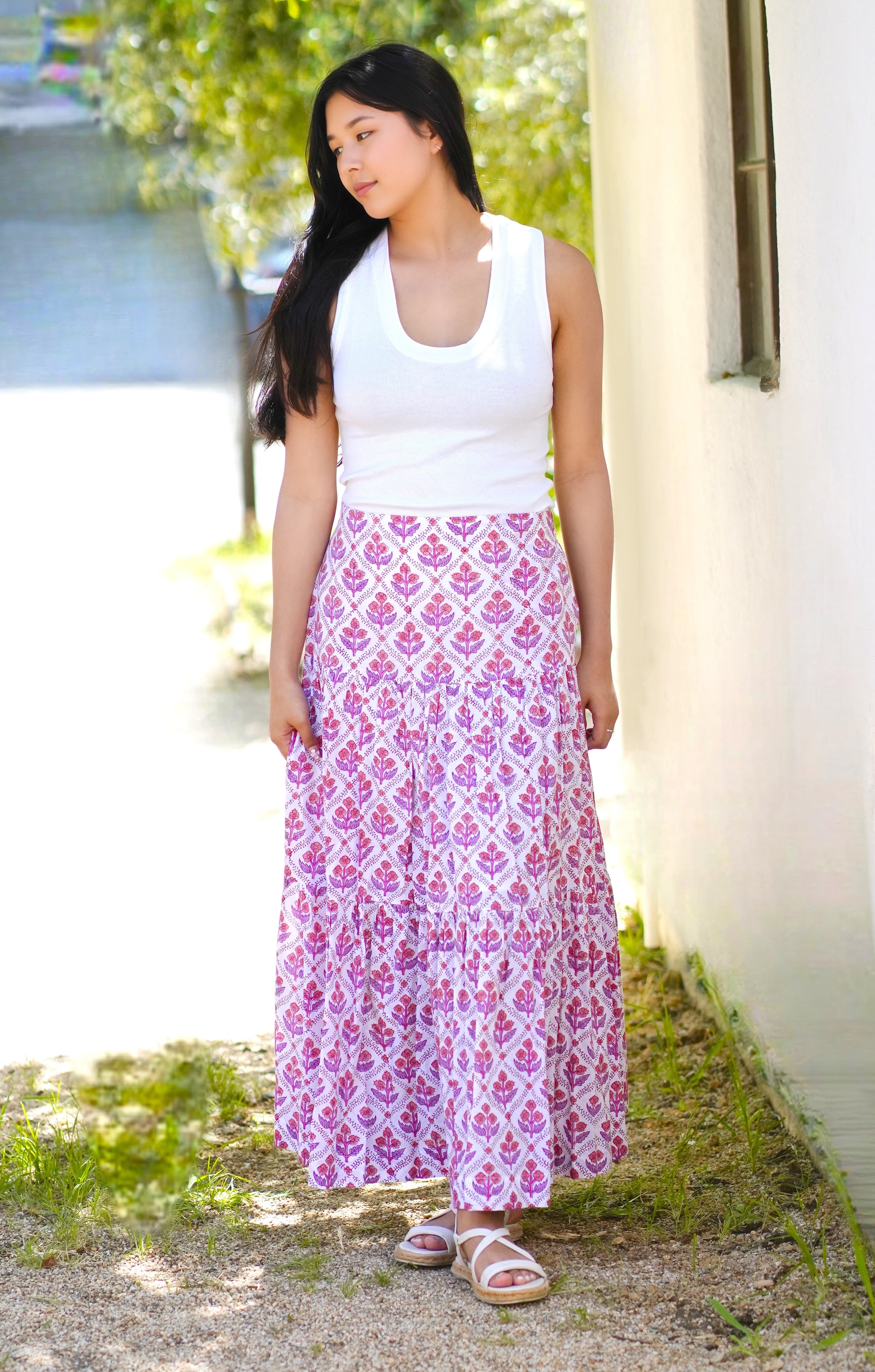 Block Printed Tiered Cotton Skirt- Purple White