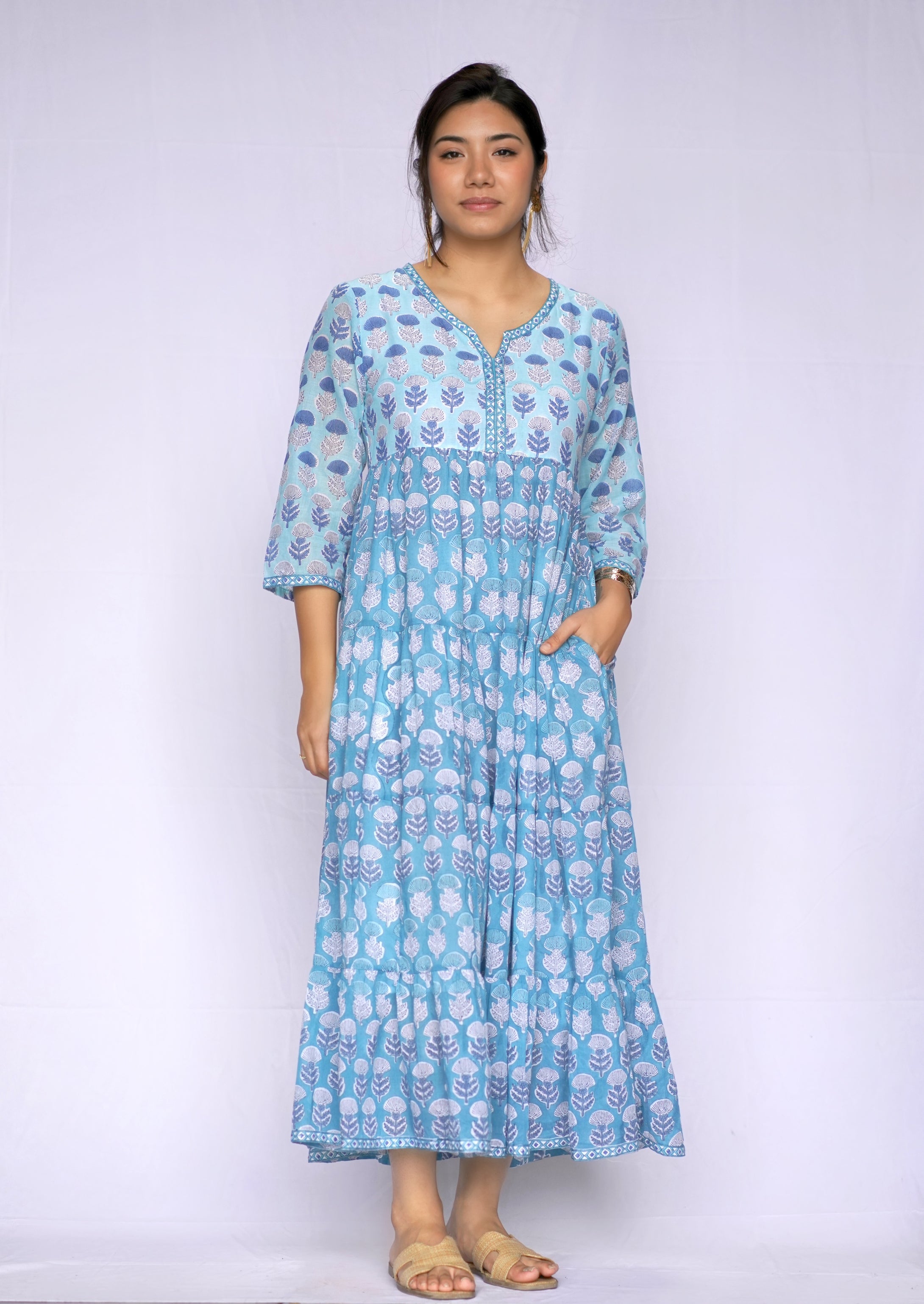 block print dress Hand Dress, Block Print Dress, Indian Tunic, Vintage Bohemian Style, Cotton Long Gown, Printed Dress, Gift for Her, Summer %20It%20is%20very%20soft%20and%20feels%20very%20luxurious Block Printed Dress - Blue