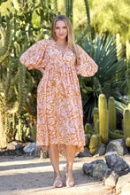 Load image into Gallery viewer, Mylah Midi Dress Block Printed Mustard (Tangerine)
