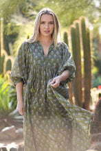 Load image into Gallery viewer, Mylah Midi Dress Block Printed Olive Multi 
