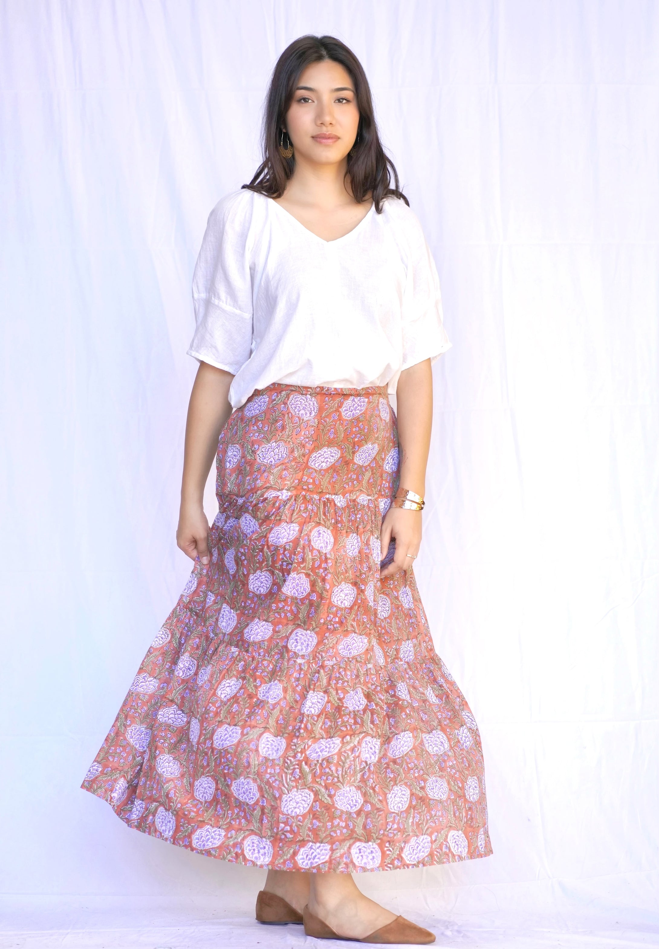 Block Printed Tiered Cotton Skirt Brown Multi 