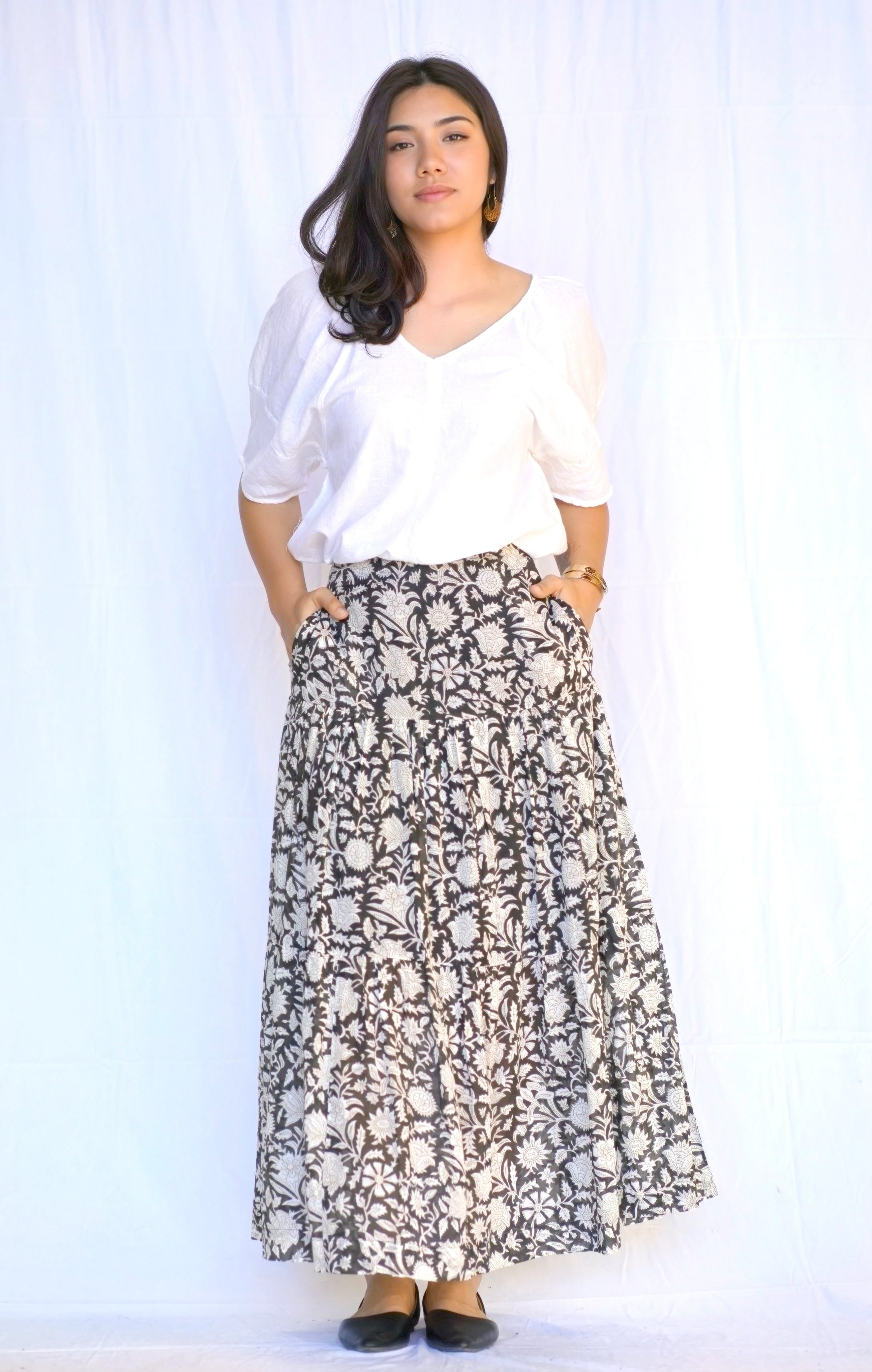 Block Printed Tiered Cotton Skirt- Black Beige