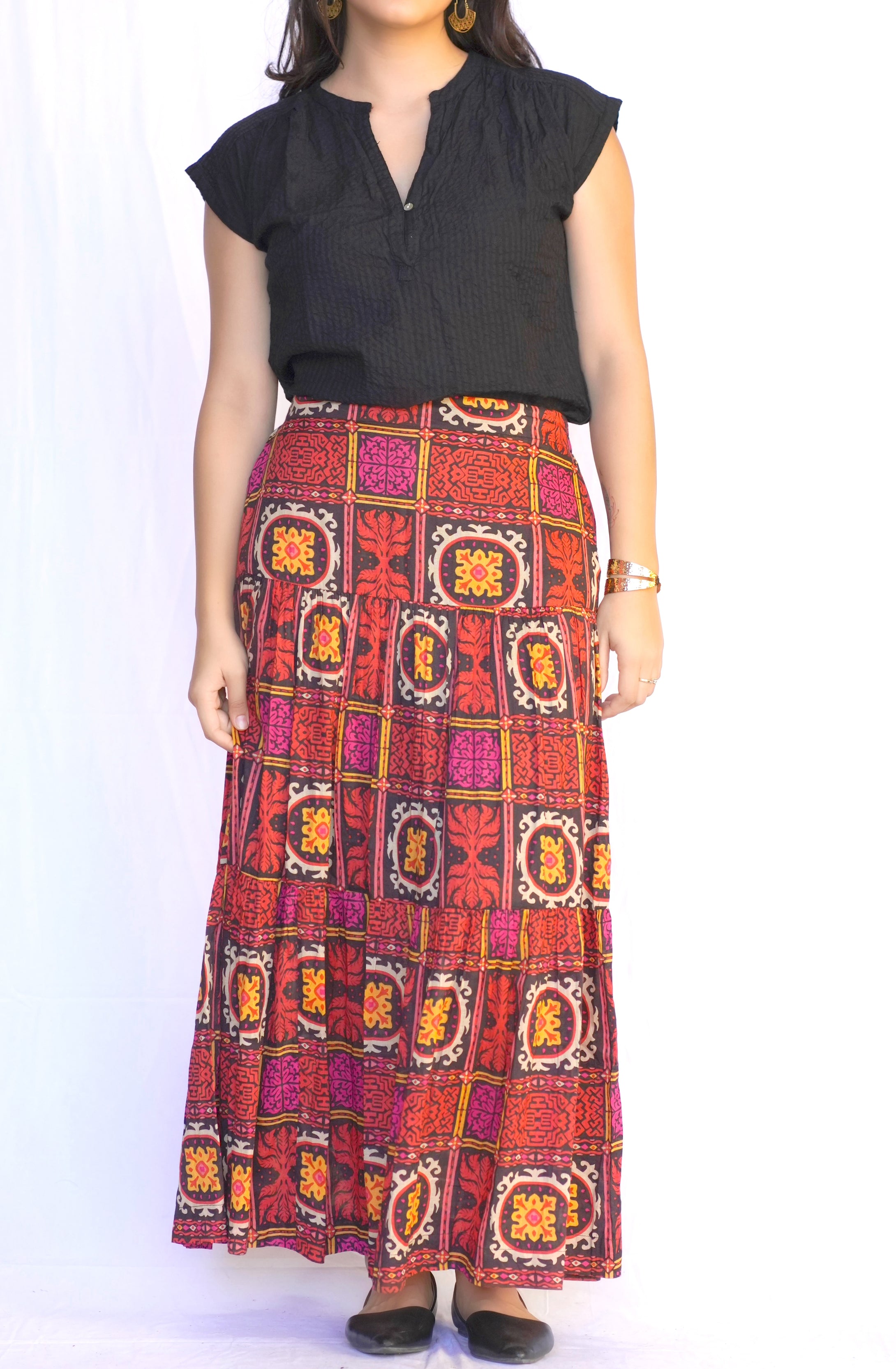 Block Printed Tiered Cotton Skirt Black Red 