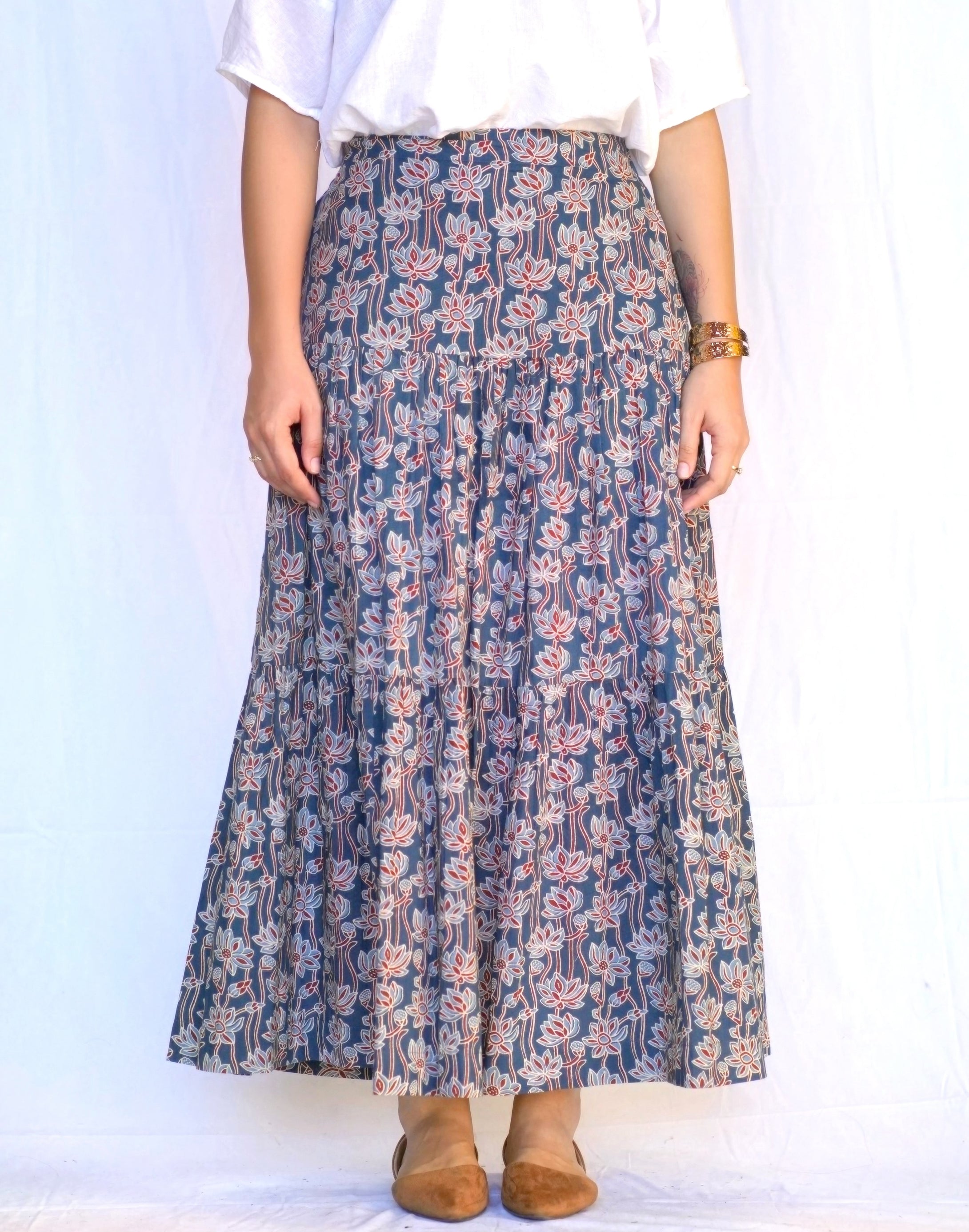 Block Printed Tiered Cotton Skirt- Indigo 