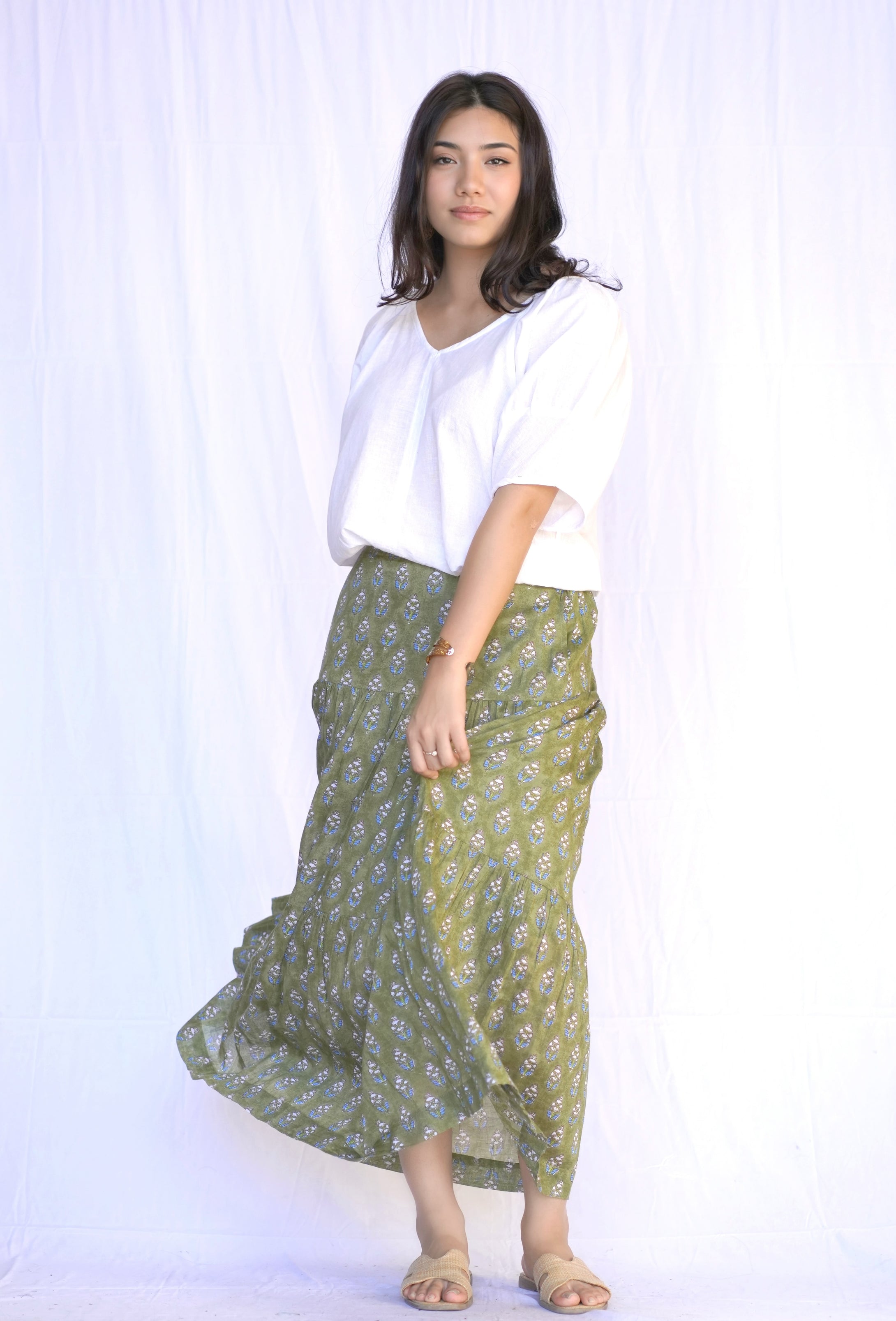 Tiered Cotton Skirt-Olive Multi