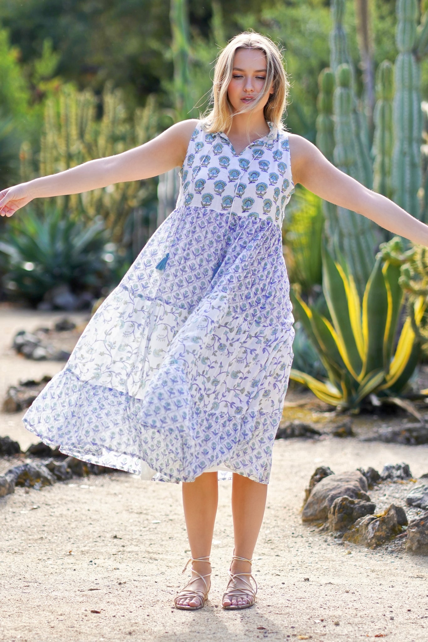 Nola Sleeveless Block Print Dress Blue Green Nola Sleeveless Block Print Dress Blue Green