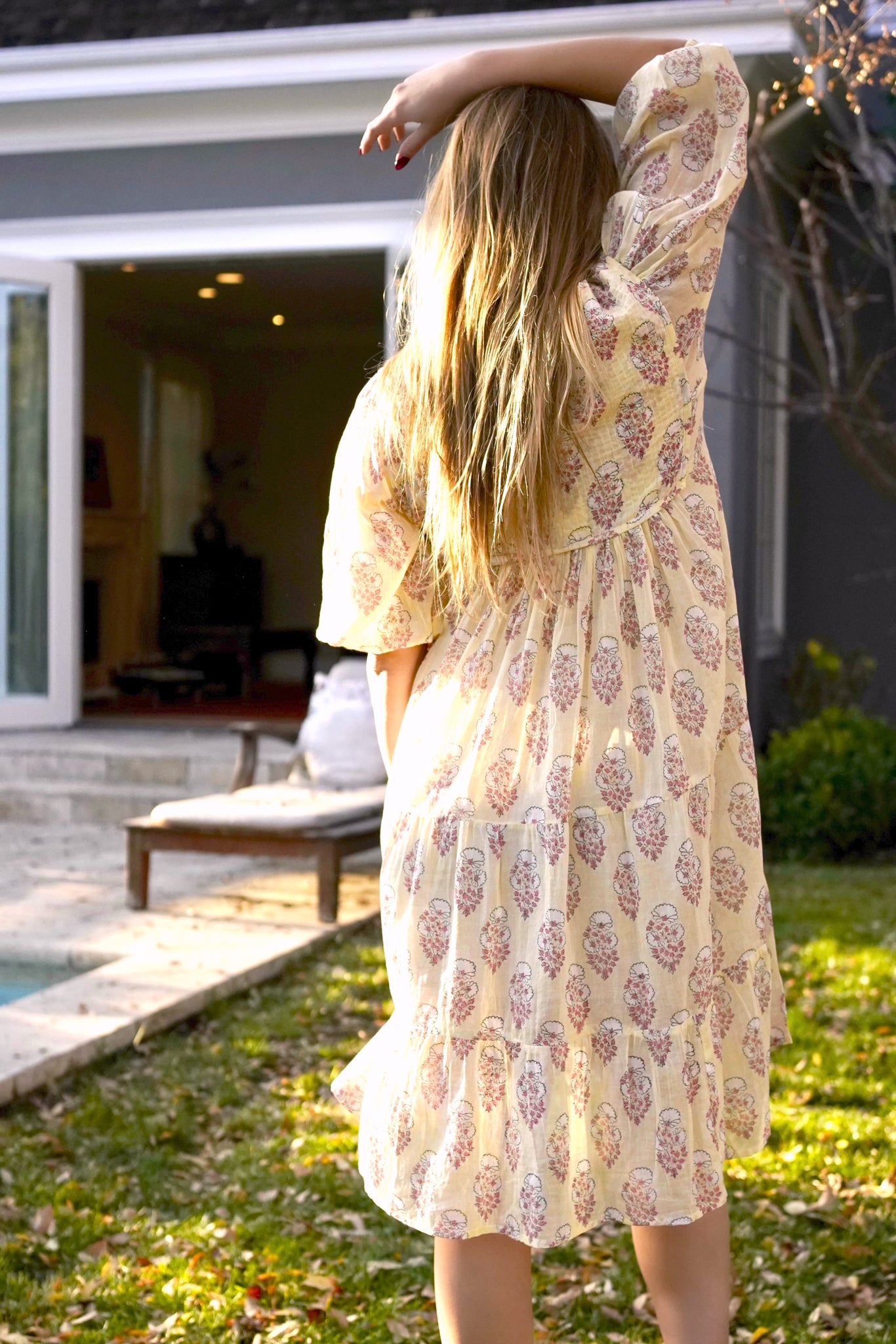 gold block print dress Mustard Floral Block Print Cotton Ruffle Midi Wrap Dress 36" / Petite (5'1" and below)