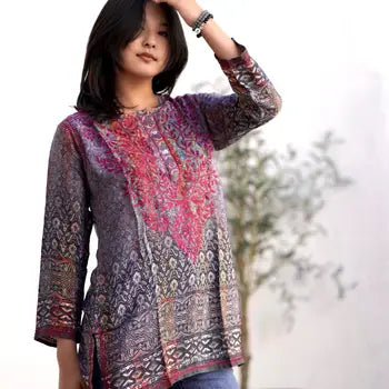 Charcoal Grey Silk Tunic / KDC Emb.