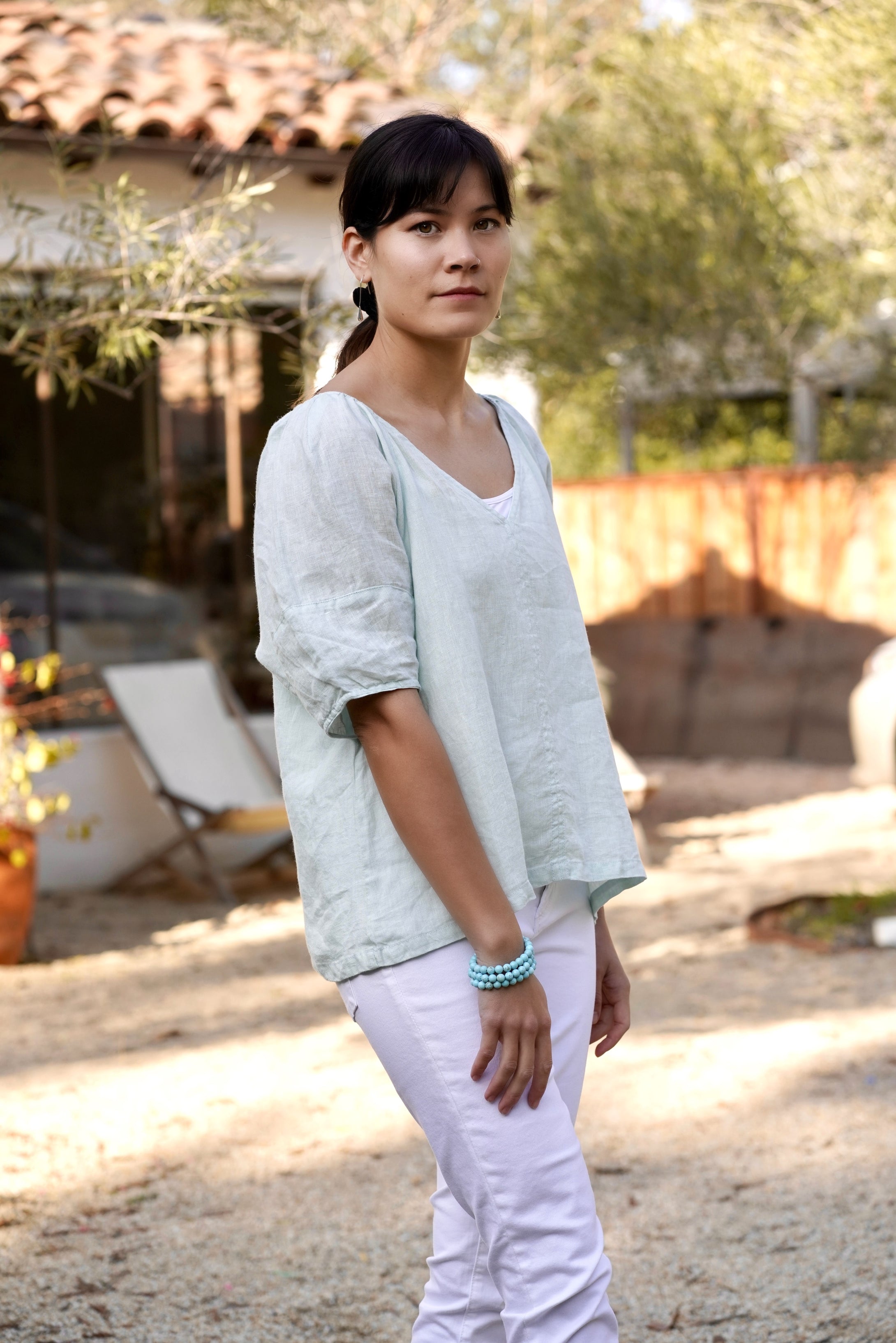 Celine Puff Sleeve Linen Top Sky Blue