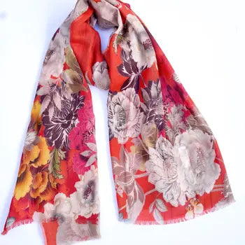 Lhasa Floral Wool Scarf/Wrap Orange