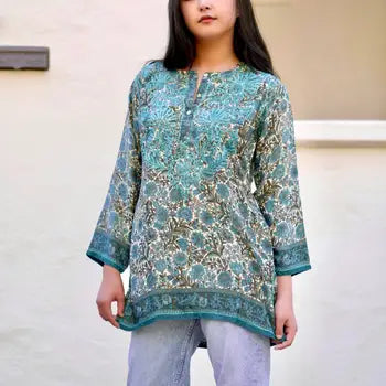 Teal Olive Silk Tunic /KDC Emb.